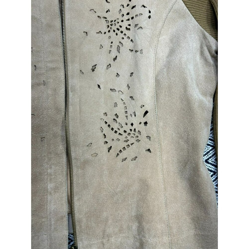 Coldwater Creek Women's Large Beige Faux Suede Jacket Knit Sleeves & Zip Closure - Picture 3 of 6